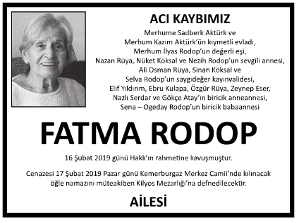 Fatma Rodop Vefat İlanı